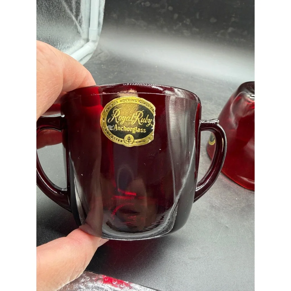 Anchor Hocking Royal Ruby Anchorglass Creamer and Sugar Bowl Set Vintage Red